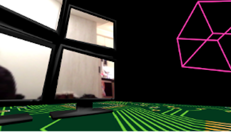  left is a blank computer monitor and the right is black screen with a slanted pink cube and the floor are printed circuit boards