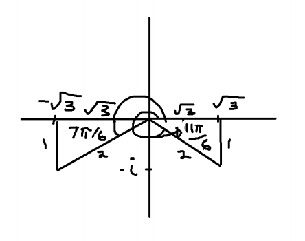 Cartesian plane with triangles in 3rd and 4th quadrant with angles 7pi over 6 and 11pi over 6 respectively. Described below.