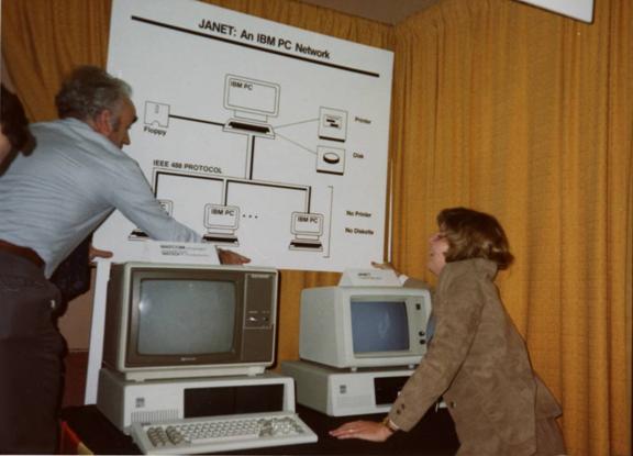 Computing Services Employees George Hill and Shirley Fenton Preparing a JANET Seminar