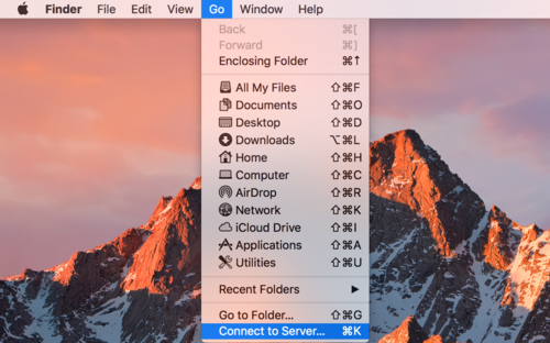 In Finder, on the top, click Go and Connect to Server..