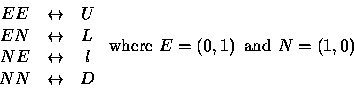 \begin{displaymath}
\begin{array}
{ccc}
EE & \leftrightarrow & U \ EN & \leftri...
 ...box{ where }E=\left( 0,1\right) \mbox{ and }N=\left( 1,0\right)\end{displaymath}