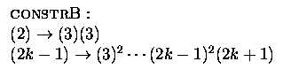 $\begin{array}{l}
\textsc{constr}\textrm{B}:\\
(2) \rightarrow (3)(3)\\
(2k-1) \rightarrow (3)^{2}\cdots(2k-1)^2 (2k+1)
\end{array}$