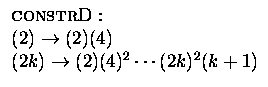 $\begin{array}{l}
\textsc{constr}\textrm{D}:\\
(2) \rightarrow (2)(4)\\
(2k) \rightarrow (2)(4)^2\cdots(2k)^2 (k+1)
\end{array}$