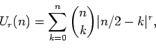 \begin{displaymath}U_r(n) = \sum_{k=0}^n \binom{n}{k}\vert n/2-k\vert^r,\end{displaymath}