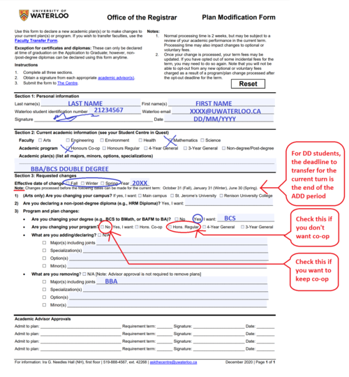 An example of how to complete a plan modification form to transfer from BBA/BCS to BCS.