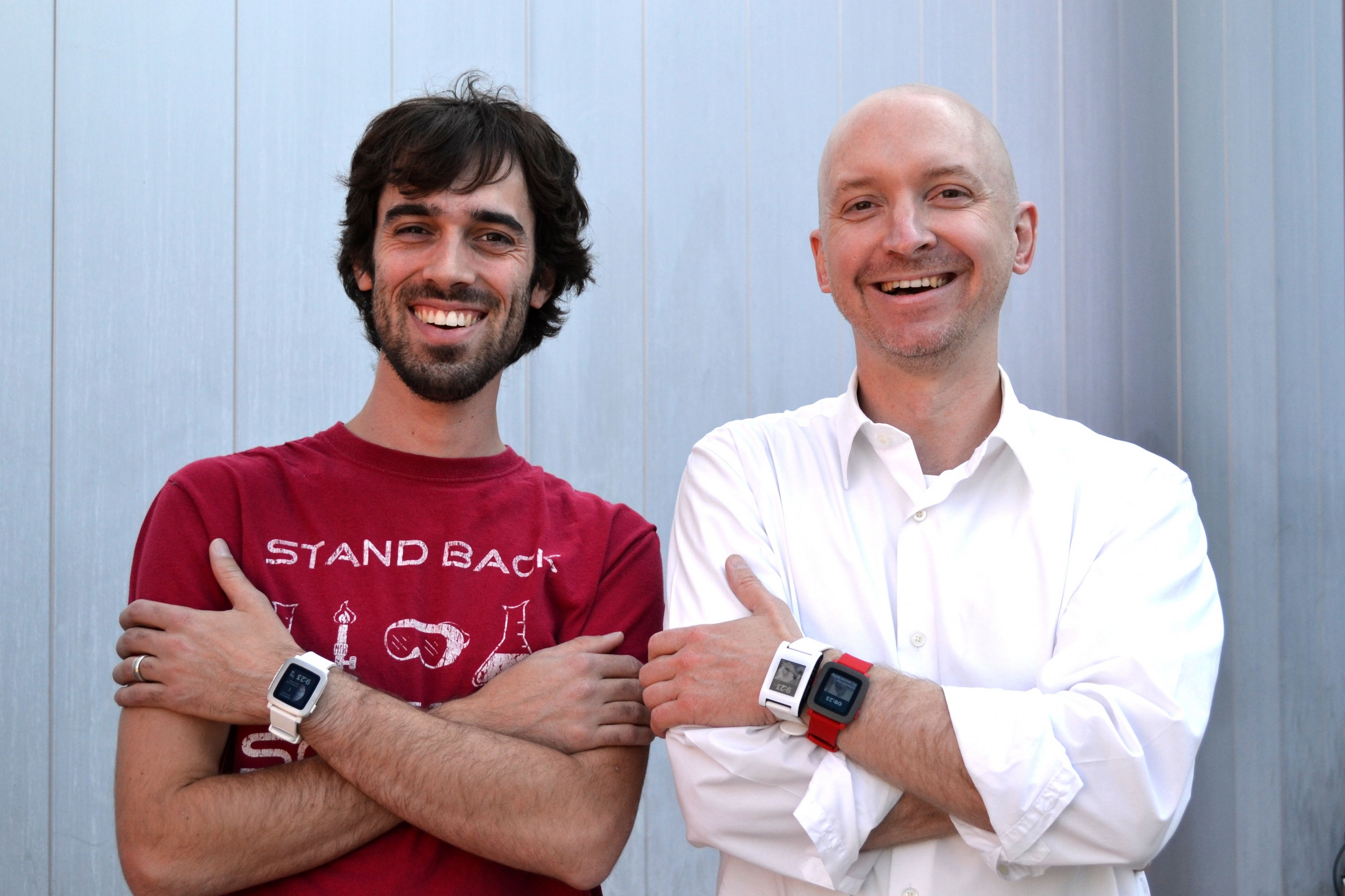 Michael Terry and Adam Fourney with Pebble smartwatches on wrists