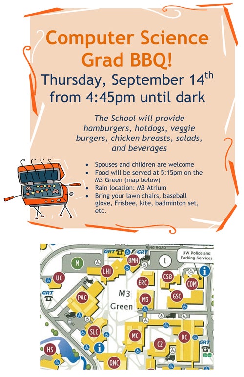 flyer of computer science's graduate student BBQ invite and map