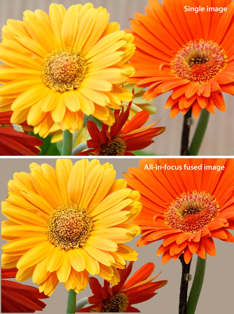 Top photo is a single image; the bottom photo was create by fusing many images