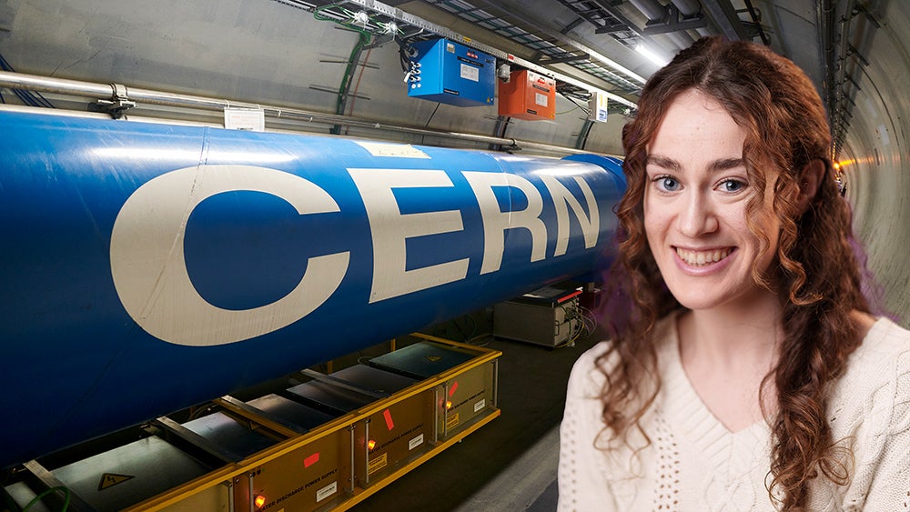 composite image of CS student Jessica Bohm in front of CERN’s Large Hadron Collider