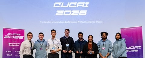 (Third from the left to right): Tony Chan, Christopher Risi, Shivam Jindal and Alyssa D'Souza on stage with the Social Impact award. Kirpa Chandok also attended the conference but wasn't photographed