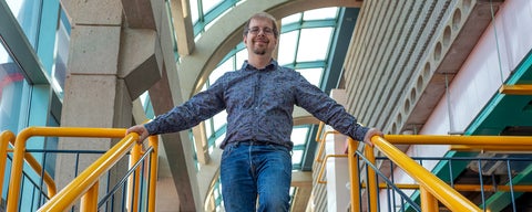 Professor Dan Brown on stairs in Waterloo's Davis Centre