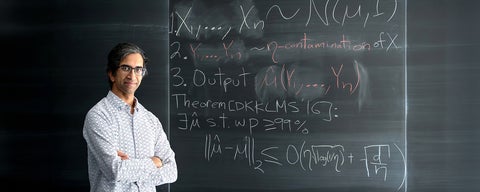 Gautam Kamath in front of blackboard with key result from "Robust Estimators in High-Dimensions Without the Computational Intractability"