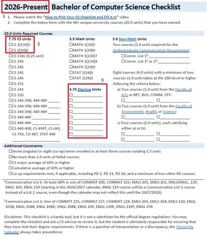 Outline of a BCS checklist with areas highlighted