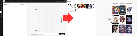 Left image (before) is blank canvas. Right side has 9 empty slots. The X-axis reads "art style" while the y-axis reads "composition". The Coloums and Rows are labelled with numbers. Right image (after): Left is a moodboard filled of images and right are the generated posters. The rows respectively: "Isolated Symmetrical Composition", "Dynamic Overlapping Forms" and "Complex Layered Surrealism".The coloums respectively read Bauhaus Primary Colours, Bolded Geometric Abstraction and Modern Holographic Gradient