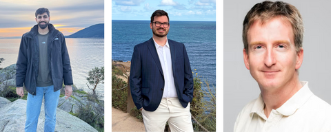 3 headshots of the researchers. Left is a South Asian man posing in front of a body of water and mountain. Middle is a caucasian man wearing a blue blazer and white shirt standing in front of a body water. Right: A headshot of a Caucasian man wearing a white collared shirt 