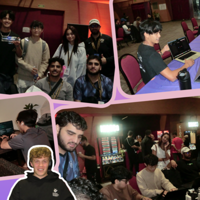 pink background with cut-out images of the blockchain members posing with heart signs, meeting with blockchain experts and working on their prototypes