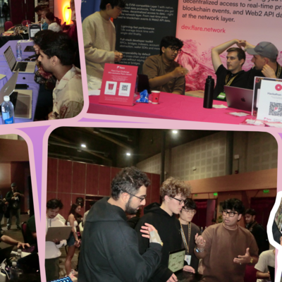 pink background with cut-out images of the blockchain members posing with heart signs, meeting with blockchain experts and working on their prototypes