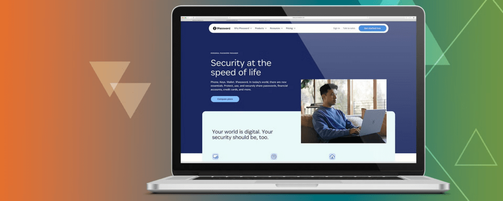 orange-green background with various vector triangles in the background (some are inverted, some are solid, some the outline is shown but the inside is blank). A laptop screen in the middle. Its screen shows 1Passowrd website.