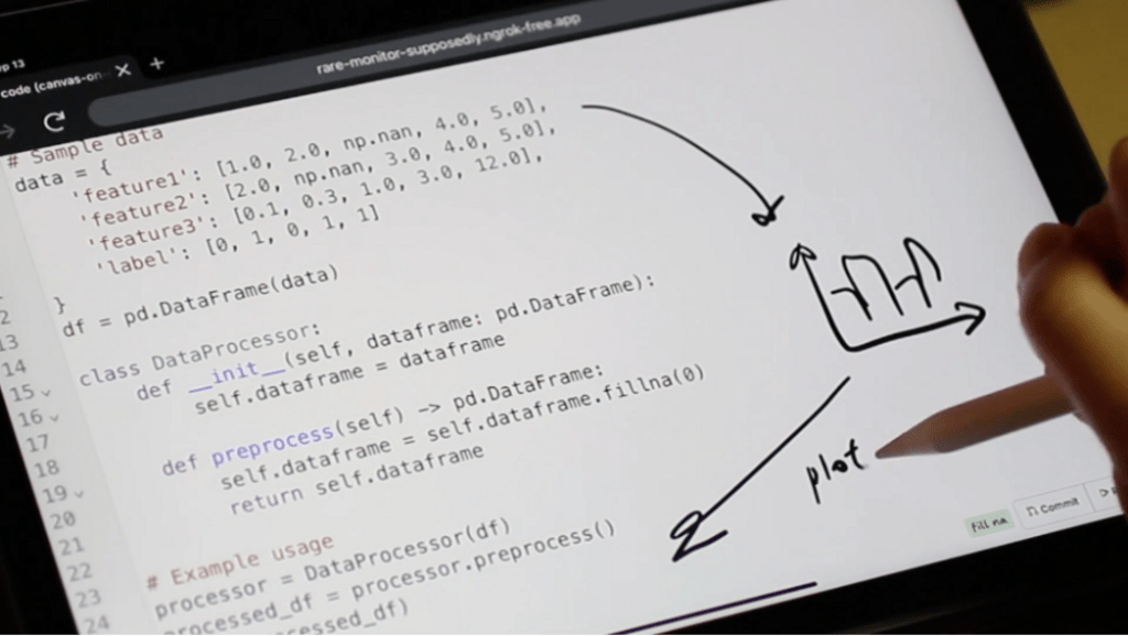 A close-up of a tablet screen displaying Python code for data processing, with hand-drawn arrows and a sketch of a graph pointing where the bar graph should appear