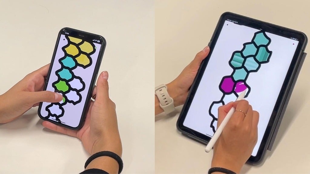 left is a photo of someone holding a phone with the app. They are colouring the tiles with their finger. Right is a photo of someone using the app on their ipad/tablet colouring with their stylus