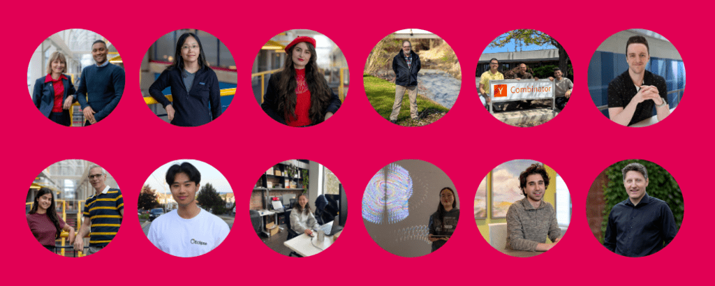 A pink-red banner that displays 12 photos of each featured person. Each photo is circular. 