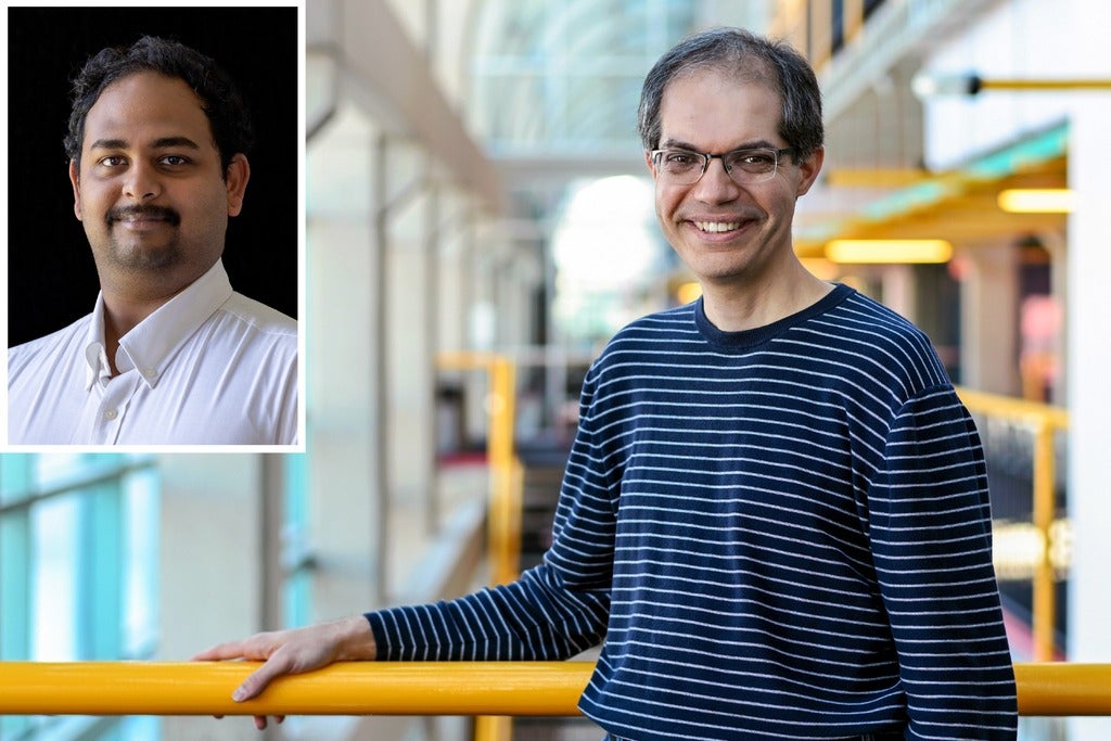 Pascal Poupoart donning a dark blue shirt with light blue stripes posing in front of a yellow railing. Corner is a inset of his collaborator, Sriram Subramanian