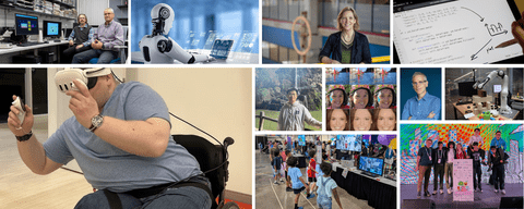 A graphic of 12 photos that include the researcher's headshots, someone in a wheelchair leaning and playing a VR game, children playing a virtual soccer game in front of a tv screen, a stock photo of a robot typing on a computer and someone coding and doodling on a tablet 