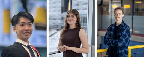 3 people banner photo: left an Asian male in a suit standing aganist a blue blurry background. Middle: An Ukranian woman wearing a sleeveless brown shirt inside E7. Right: A blond wearing a blue plaid shirt over a black shirt, standing with his arms crossed. 