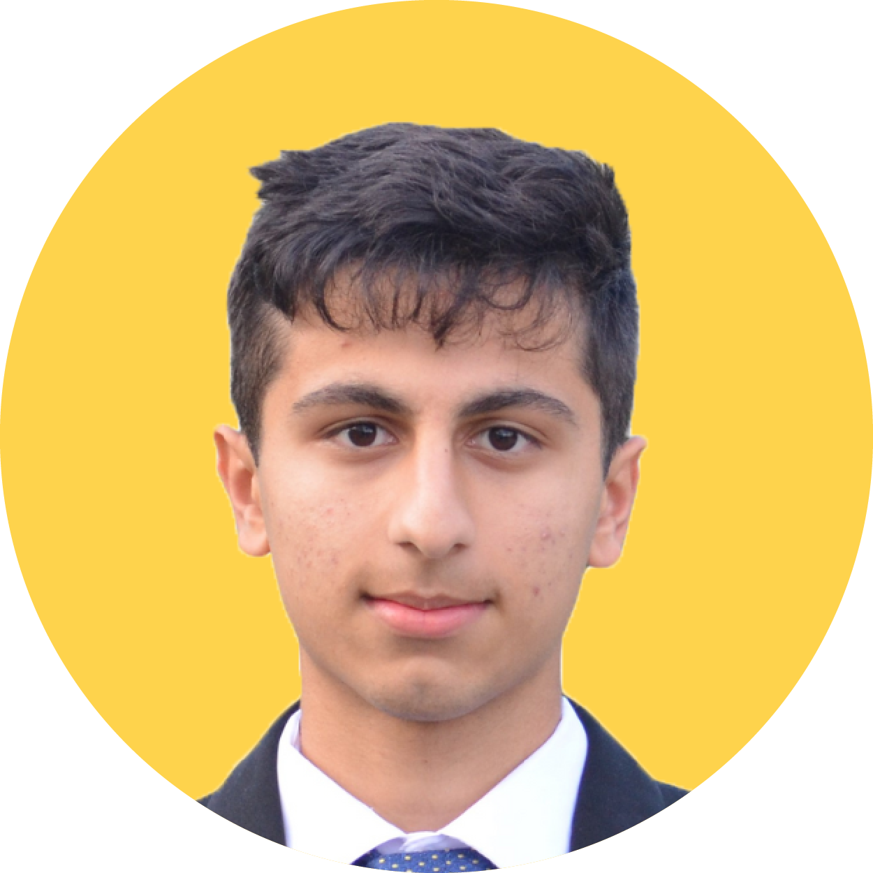 A circular photo of Aditya with a yellow background