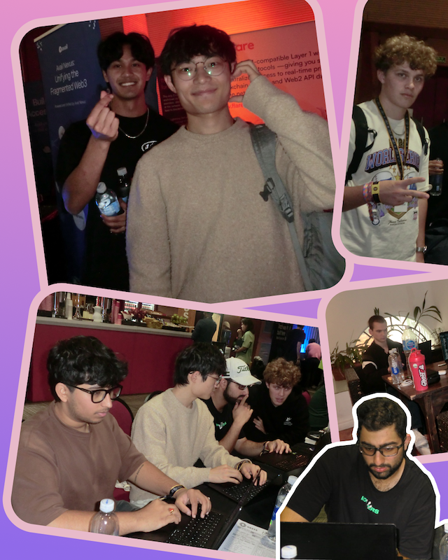 pink background with cut-out images of the blockchain members posing with heart signs, meeting with blockchain experts and working on their prototypes