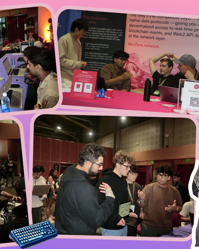 pink background with cut-out images of the blockchain members posing with heart signs, meeting with blockchain experts and working on their prototypes