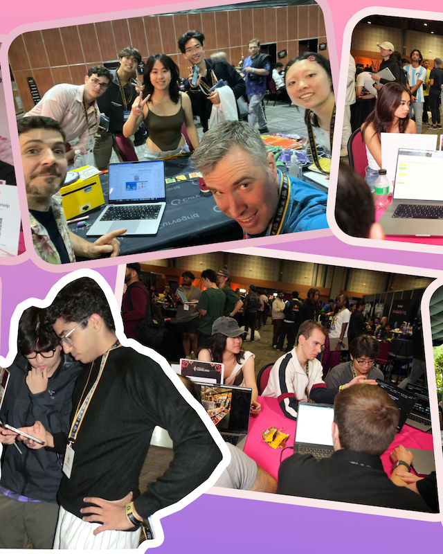 pink background with cut-out images of the blockchain members posing with heart signs, meeting with blockchain experts and working on their prototypes
