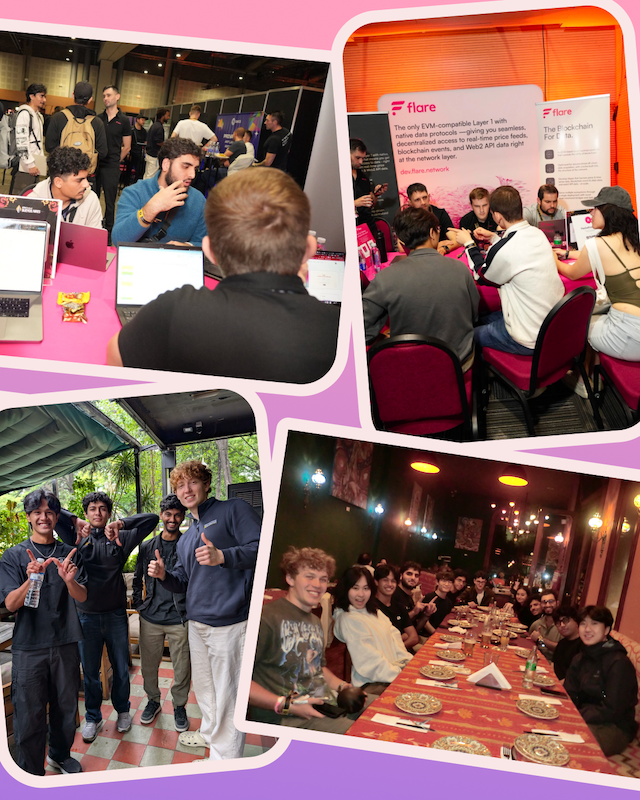 pink background with cut-out images of the blockchain members posing with heart signs, meeting with blockchain experts and working on their prototypes