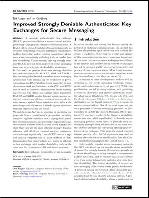screen grab of "Improved Strongly Deniable Authenticated Key Exchanges for Secure Messaging"