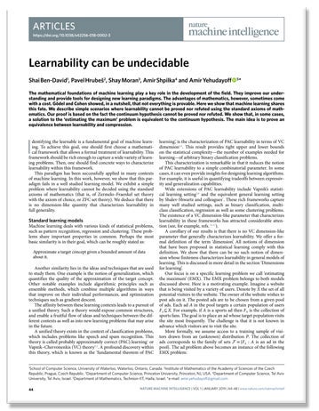 Nature Machine Learning paper -- learning can be undecidable