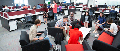 A large group of students reviewing research