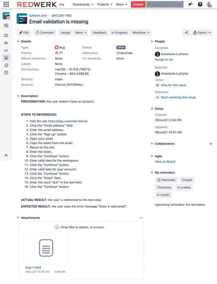 A bug report titled "Email validation is missing". It shows detailed steps on reproducing the bug (ex. Step 1. Visit the site....Step 16. Click the "continue" button). The bottom says "Actual Result: The user is redirected to the next step" and "Expected Result: the user sees the error message 'enter a valid email'.  