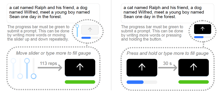 Overview of the time delay features. Both sections have a user-submitted prompt. On the left side, there's a slider with the instruction that you can either wait for the submission by using the slider or by writing more words. Right features a button with the instruction that they can either write more words or hold the button for 30 seconds