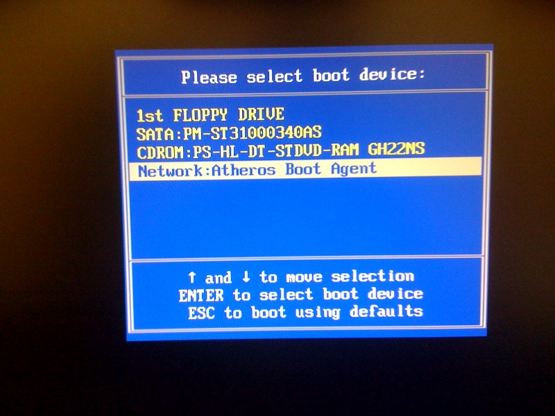 Computer PXE boot menu