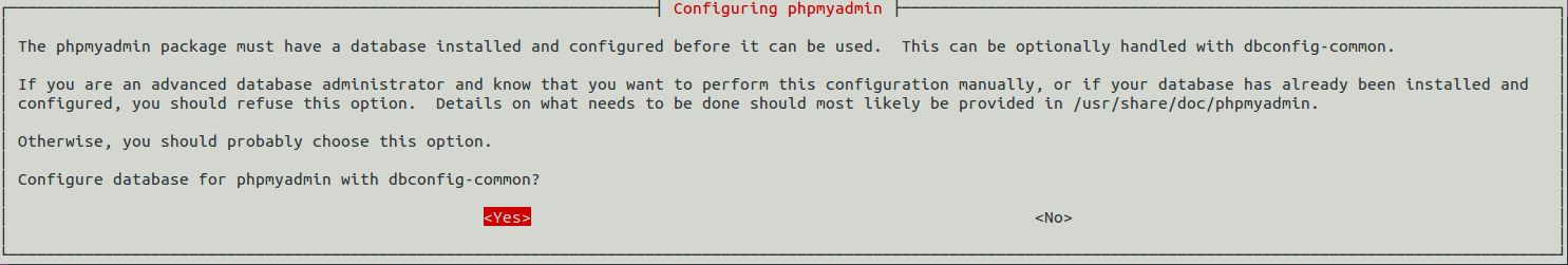 Screen shot: letting dbconfig-common configure a database for phpMyAdmin