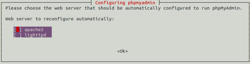 Screen shot: choosing a web server to run phpMyAdmin