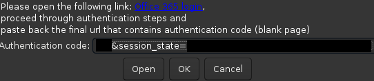 the same davmail dialog as before, but now the authentication code URL has been pasted in