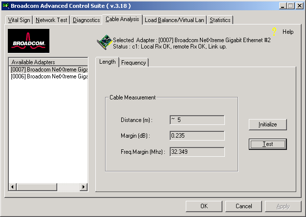 Click Initialize, then click Test to display the status of the selected adapter.