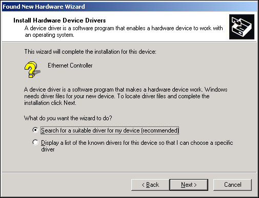 In the Install Hardware Device Drivers window, click Search for a suitable driver for my device (recommended), then click Next.