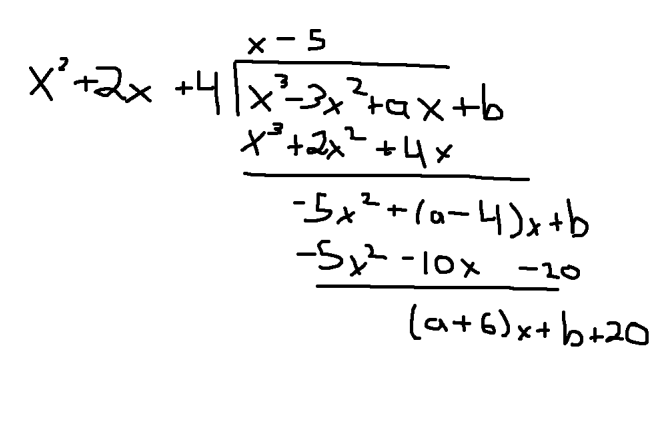 Long Division of x squared+2x+4 and x cubed-3x squared +ax+b with quotient x-5 and remainder (a+6)x+b+20