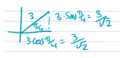 Line in 1st quadrant with length 3,
angle pi over 4, horizontal side is 3cos pi over 4, vertical side 3 sin pi over 4