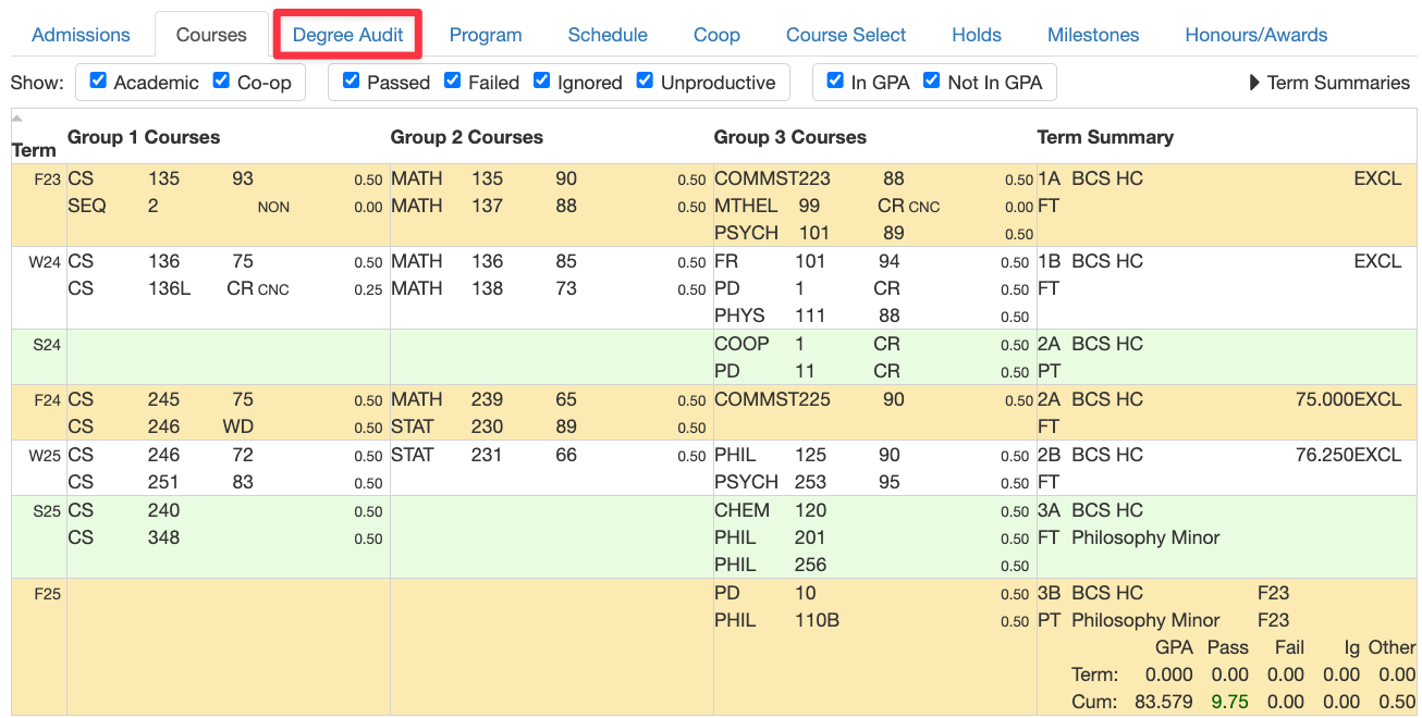 Finding degree audit tab