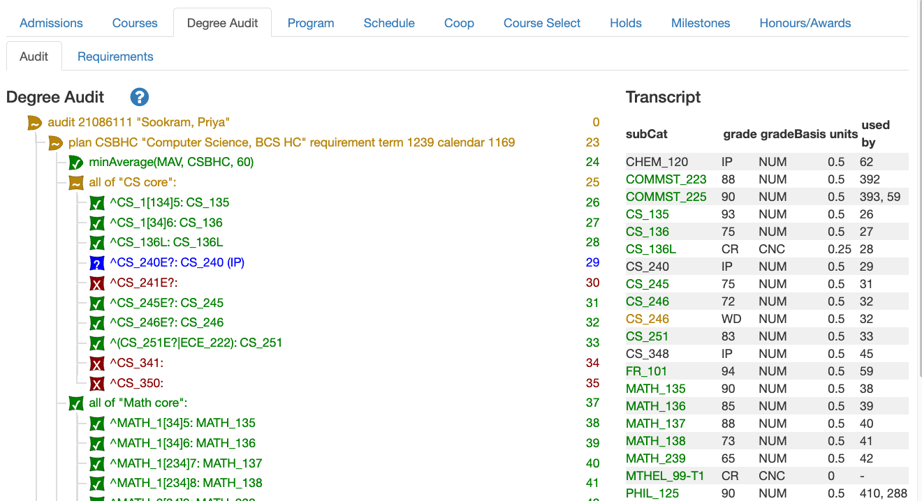 Displaying degree audit tab