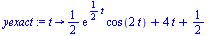 proc (t) options operator, arrow; `+`(`*`(`/`(1, 2), `*`(exp(`+`(`*`(`/`(1, 2), `*`(t)))), `*`(cos(`+`(`*`(2, `*`(t))))))), `*`(4, `*`(t)), `/`(1, 2)) end proc