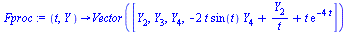 proc (t, Y) options operator, arrow; Vector([Y[2], Y[3], Y[4], `+`(`-`(`*`(2, `*`(t, `*`(sin(t), `*`(Y[4]))))), `/`(`*`(Y[2]), `*`(t)), `*`(t, `*`(exp(`+`(`-`(`*`(4, `*`(t))))))))]) end proc